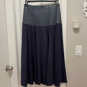 Vintage Liz Roberts Robert Elliot Leather & Cotton Midi Skirt L Navy Blue Mixed